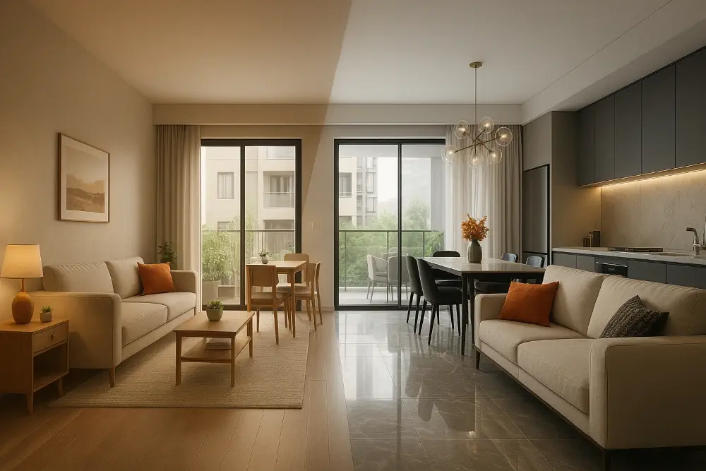 Photorealistic split interior showing Budget 2 BHK vs Premium 3 BHK apartment in Bangalore, highlighting affordable and luxury interior design options with furniture, lighting, and finishes.
