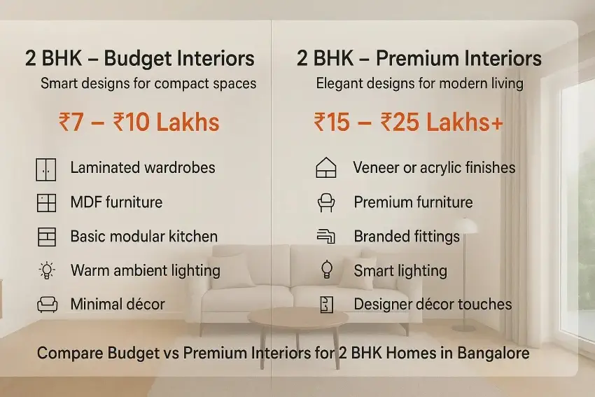2 BHK interior design cost comparison – Budget vs Premium infographic.