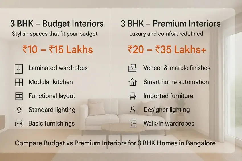3 BHK interior design cost comparison – Budget vs Premium infographic.